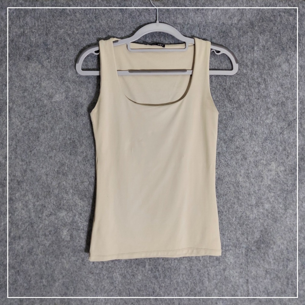 Zara Women Tank Top S Beige Minimalist Square Neck Sleeveless Stretch Basic